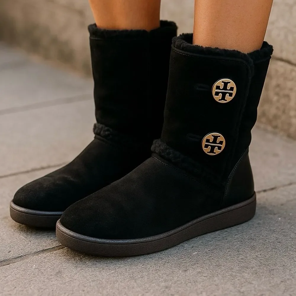 Tory Burch Black Winter Fur Boots with Logo Buttons 7.5